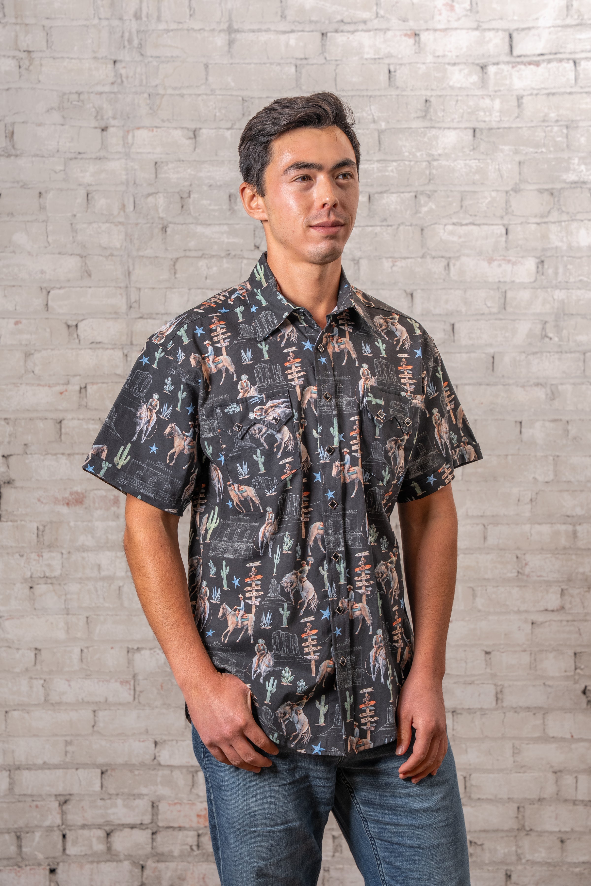 Men’s Black Cactus & Cowboys Print Short Sleeve Western Shirt
