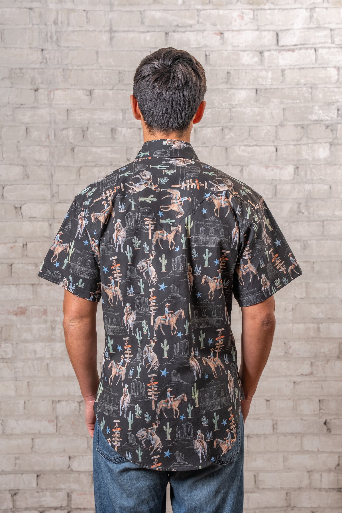 Men’s Black Cactus & Cowboys Print Short Sleeve Western Shirt