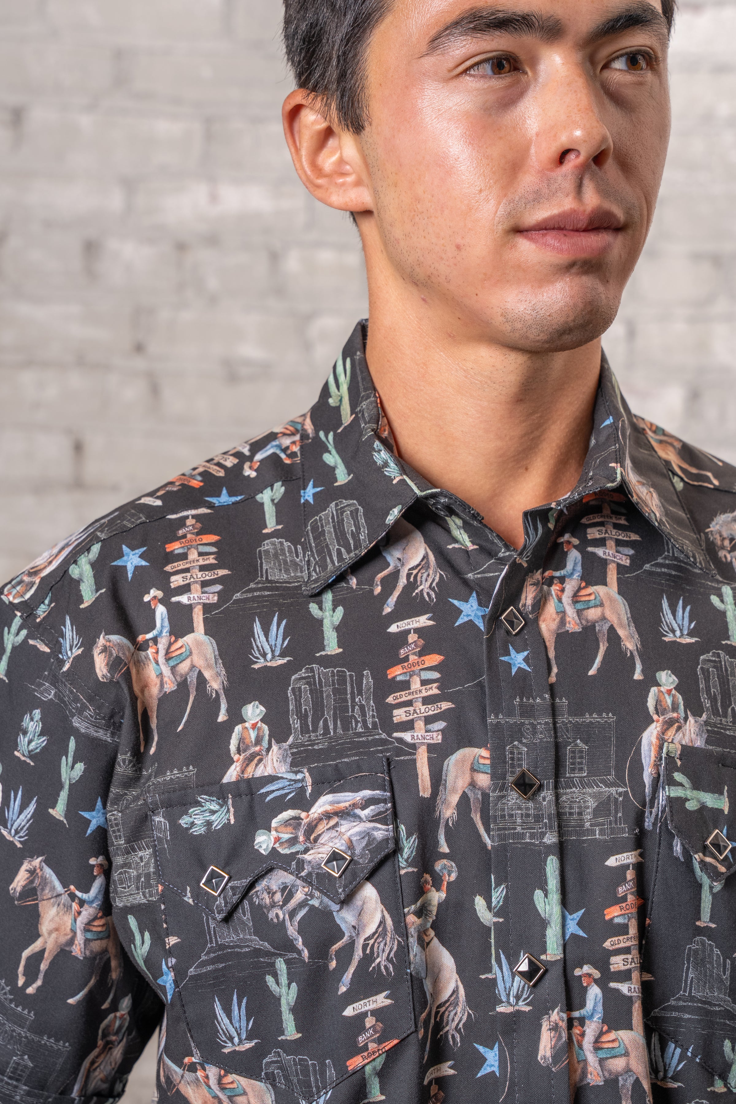 Men’s Black Cactus & Cowboys Print Short Sleeve Western Shirt