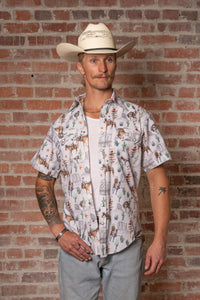 Men’s White Cactus & Cowboys Print Short Sleeve Western Shirt