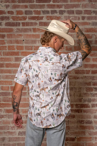 Men’s White Cactus & Cowboys Print Short Sleeve Western Shirt