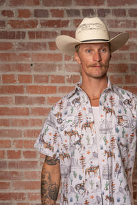 Men’s White Cactus & Cowboys Print Short Sleeve Western Shirt
