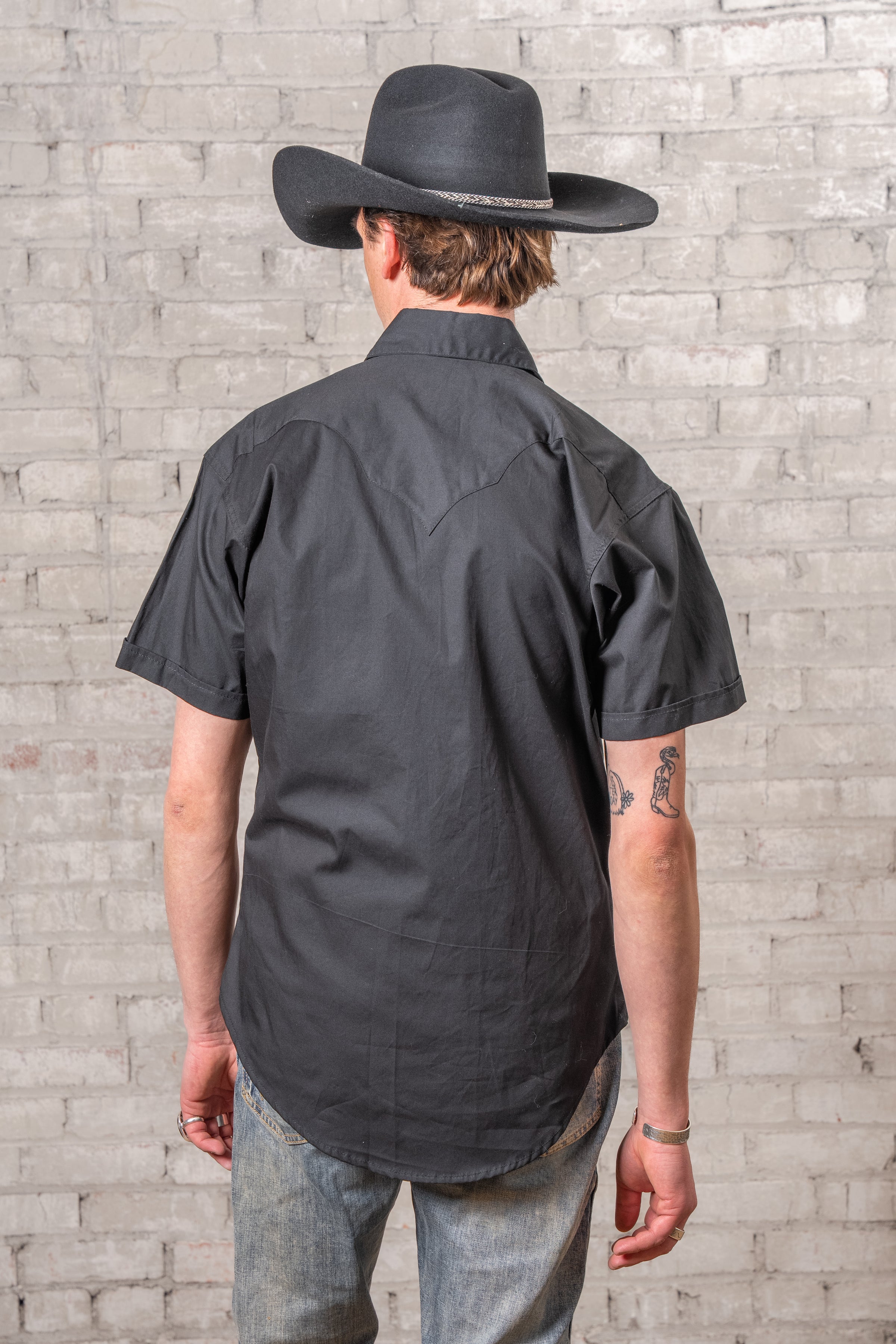 Men's Solid Black Cotton Blend Short Sleeve Western Shirt