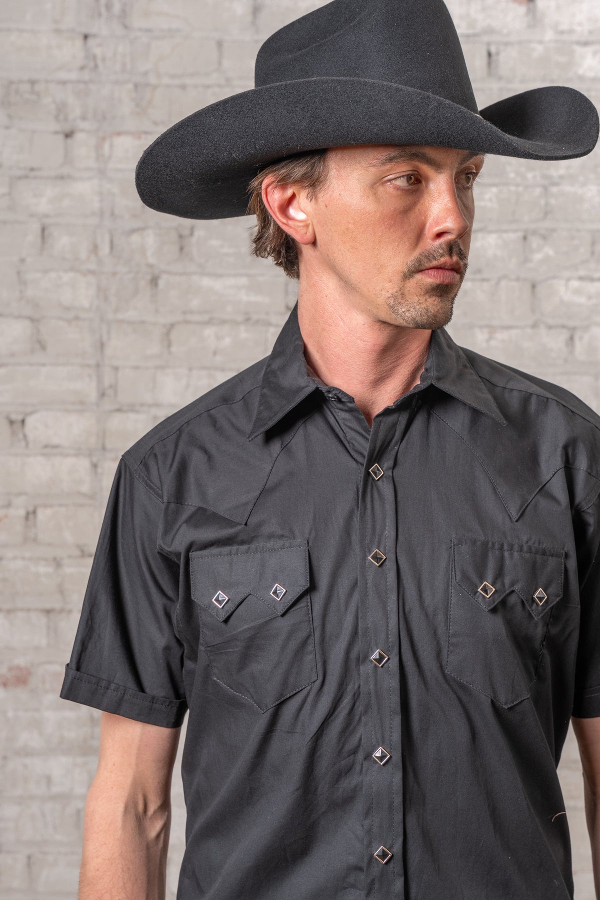 Men's Solid Black Cotton Blend Short Sleeve Western Shirt