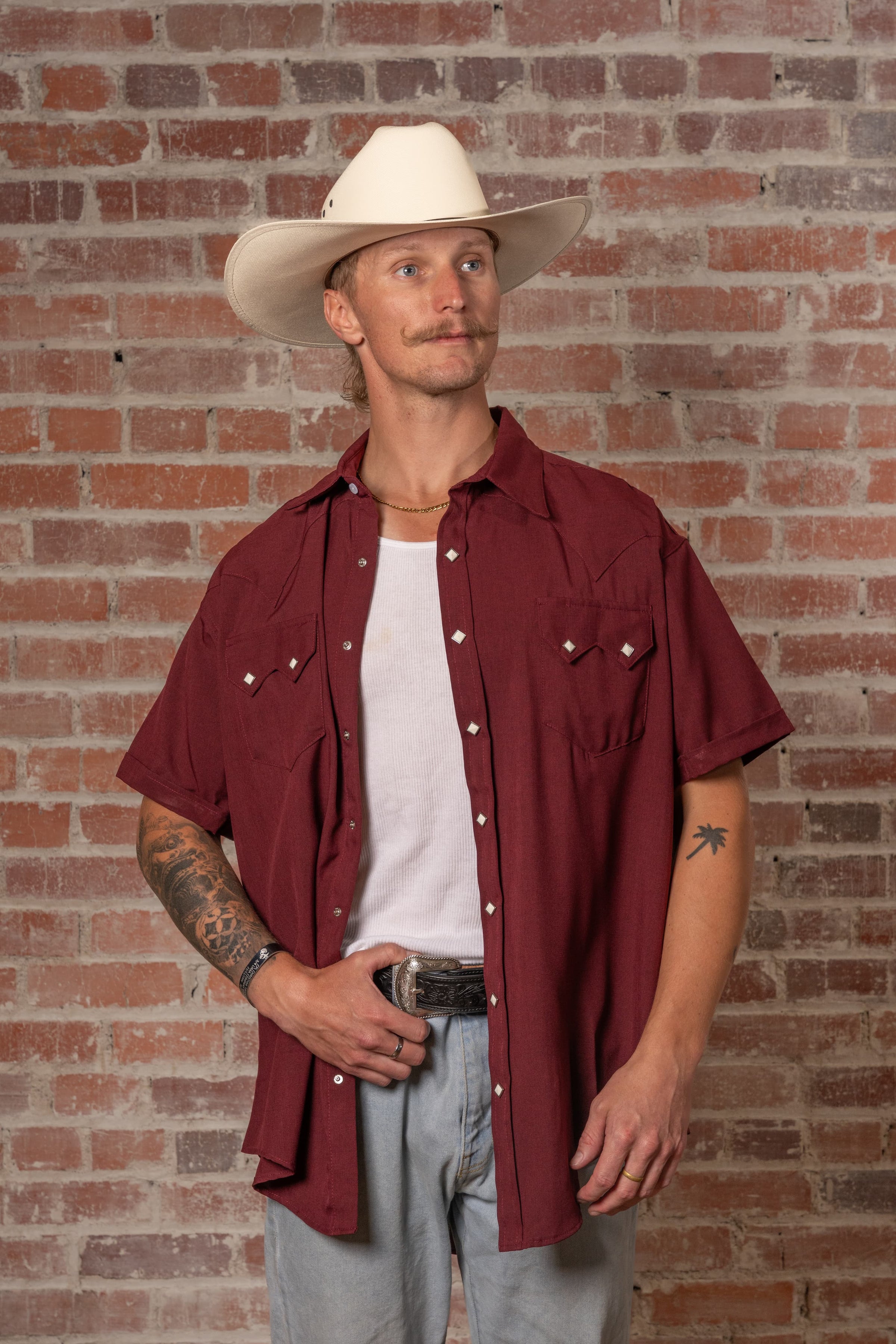 Men's Short Sleeve Burgundy Western Shirt with UV Protection
