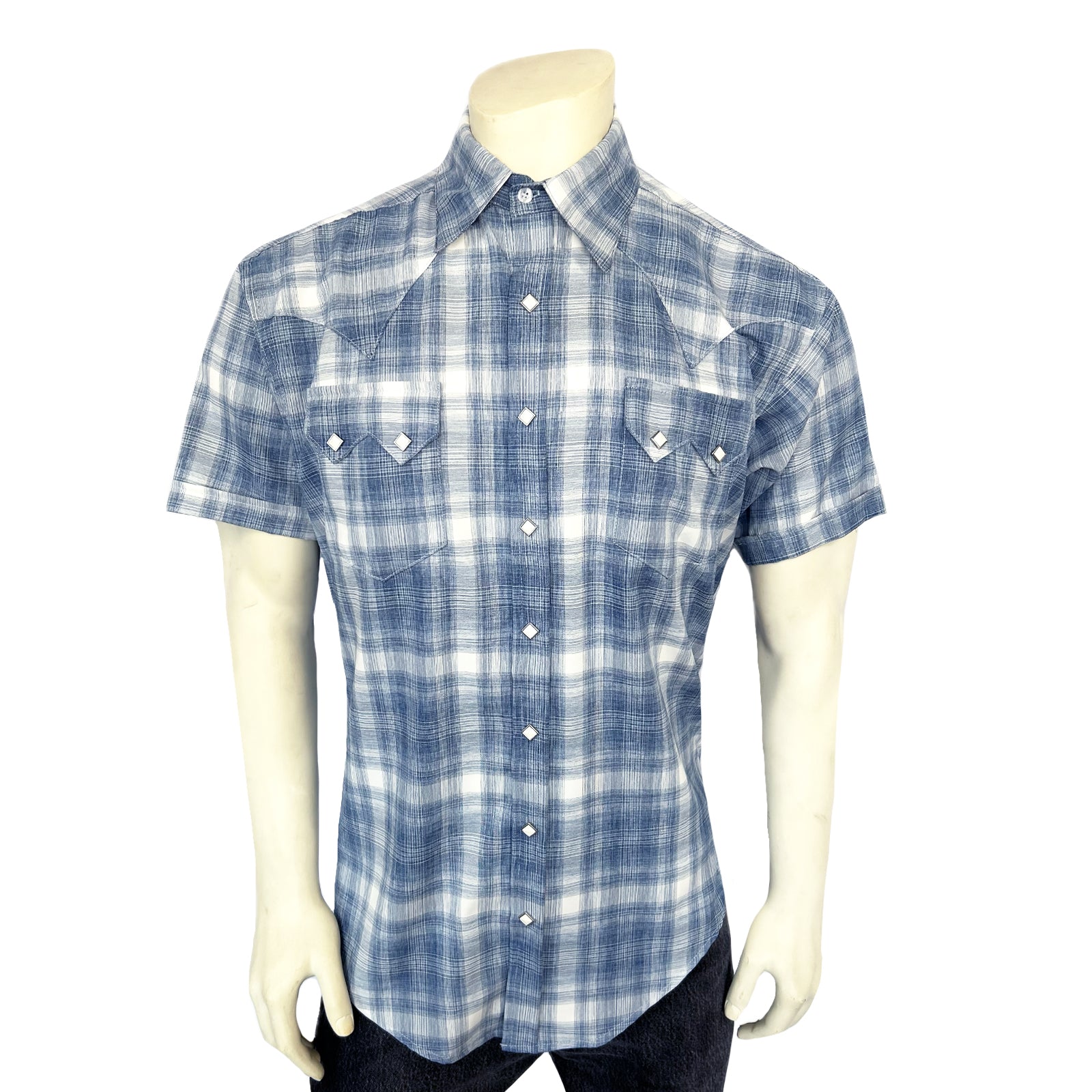 Men's Blue Short Sleeve Shadow Plaid Western Shirt - Rockmount