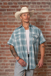 Men's Teal Short Sleeve Shadow Plaid Western Shirt