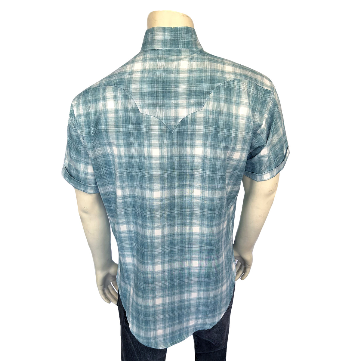 Men's Teal Short Sleeve Shadow Plaid Western Shirt