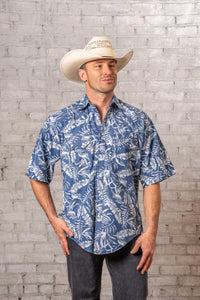 Men's Blue Chambray Floral Print Short Sleeve Western Shirt