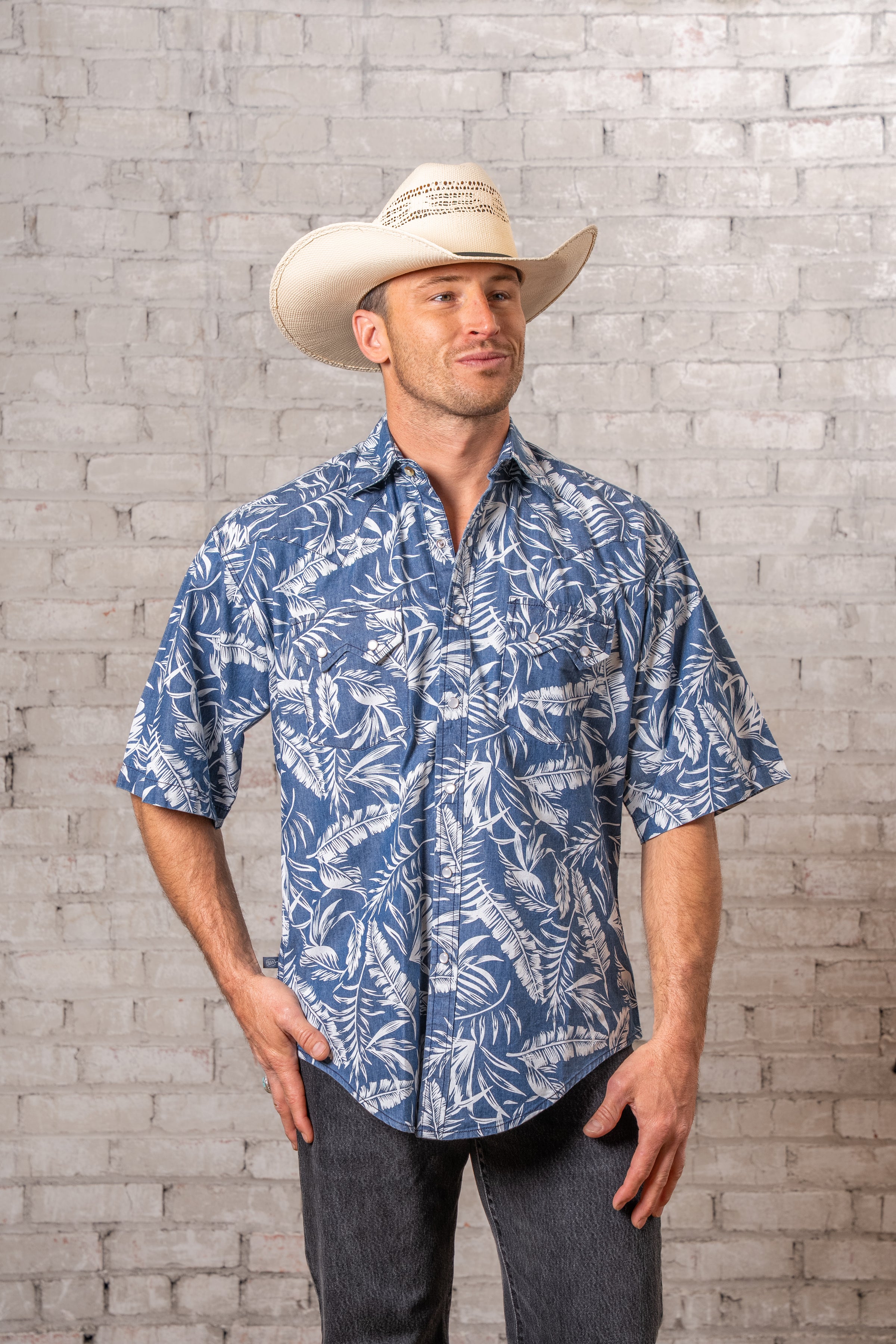 Men's Blue Chambray Floral Print Short Sleeve Western Shirt