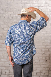 Men's Blue Chambray Floral Print Short Sleeve Western Shirt