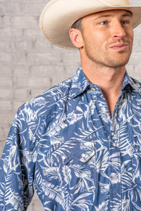 Men's Blue Chambray Floral Print Short Sleeve Western Shirt