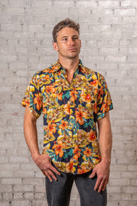 Men’s Short Sleeve Hawaiian Print Western Shirt in Orange