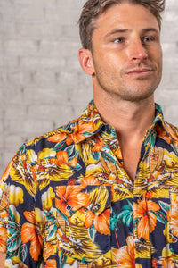 Men’s Short Sleeve Hawaiian Print Western Shirt in Orange