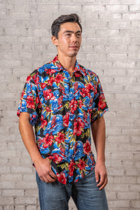 Men’s Short Sleeve Hawaiian Print Western Shirt in Purple