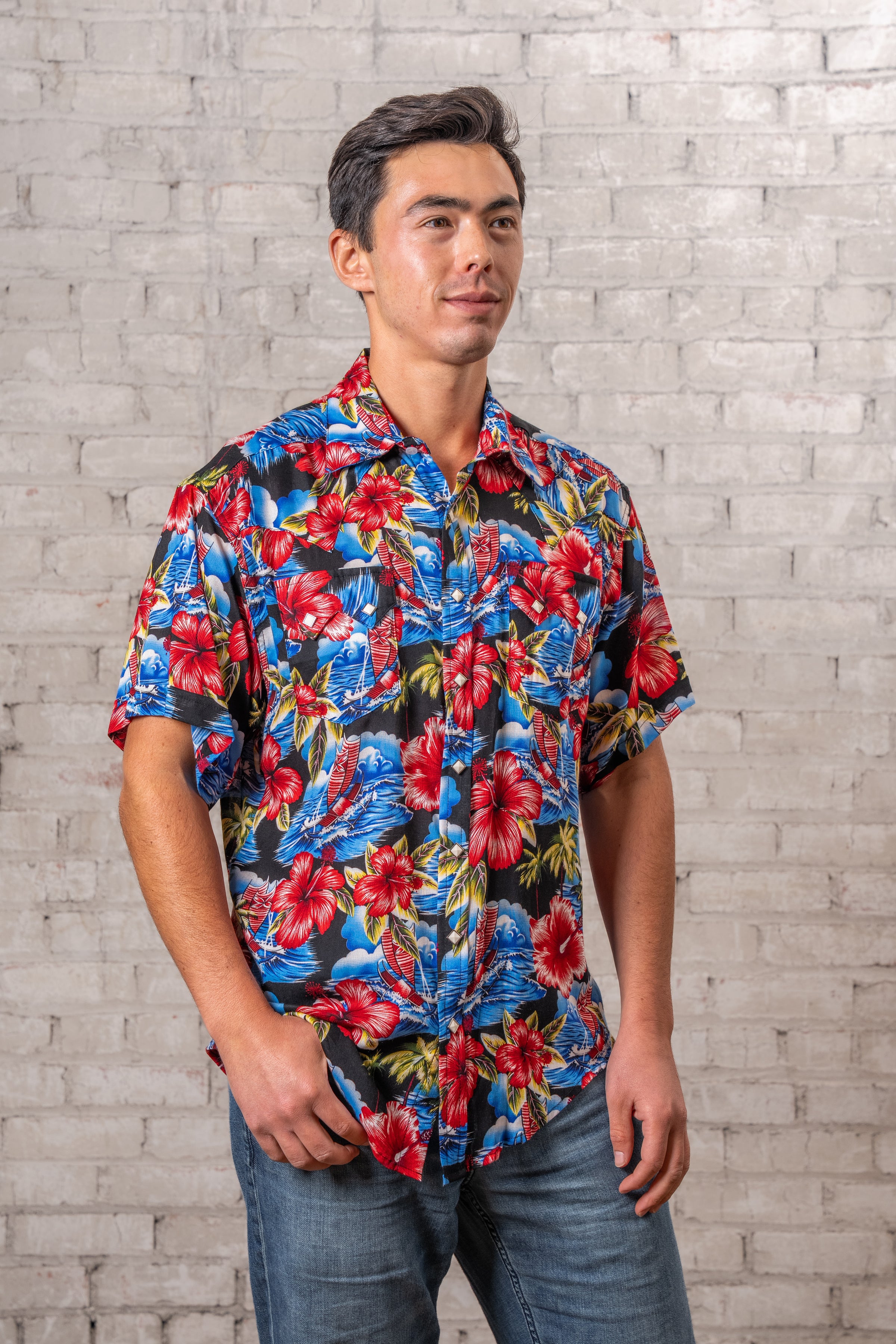 Men’s Short Sleeve Hawaiian Print Western Shirt in Purple