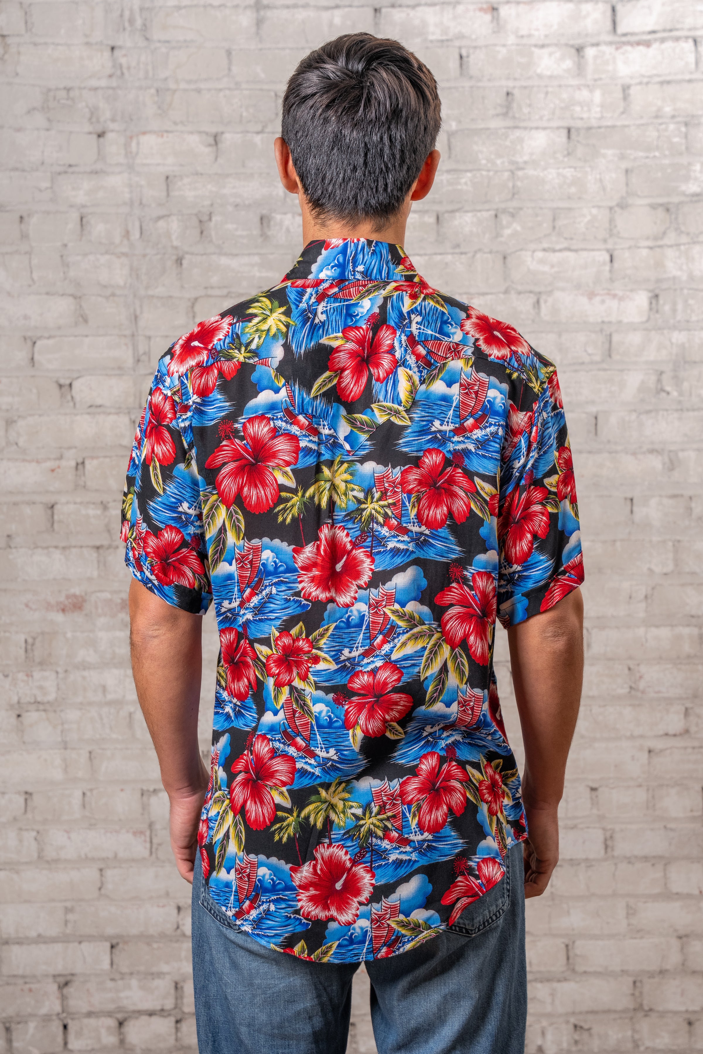 Men’s Short Sleeve Hawaiian Print Western Shirt in Purple