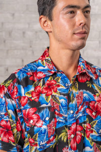 Men’s Short Sleeve Hawaiian Print Western Shirt in Purple
