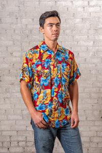 Men’s Short Sleeve Hawaiian Print Western Shirt in Red