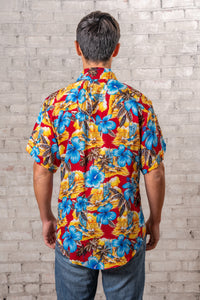 Men’s Short Sleeve Hawaiian Print Western Shirt in Red