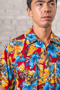 Men’s Short Sleeve Hawaiian Print Western Shirt in Red