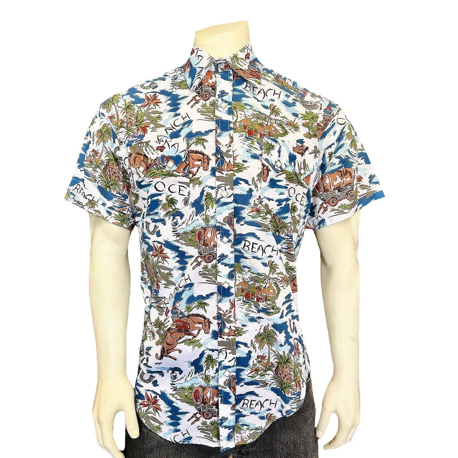 Men’s Blue Western Hawaiian Print Short Sleeve Shirt - Rockmount