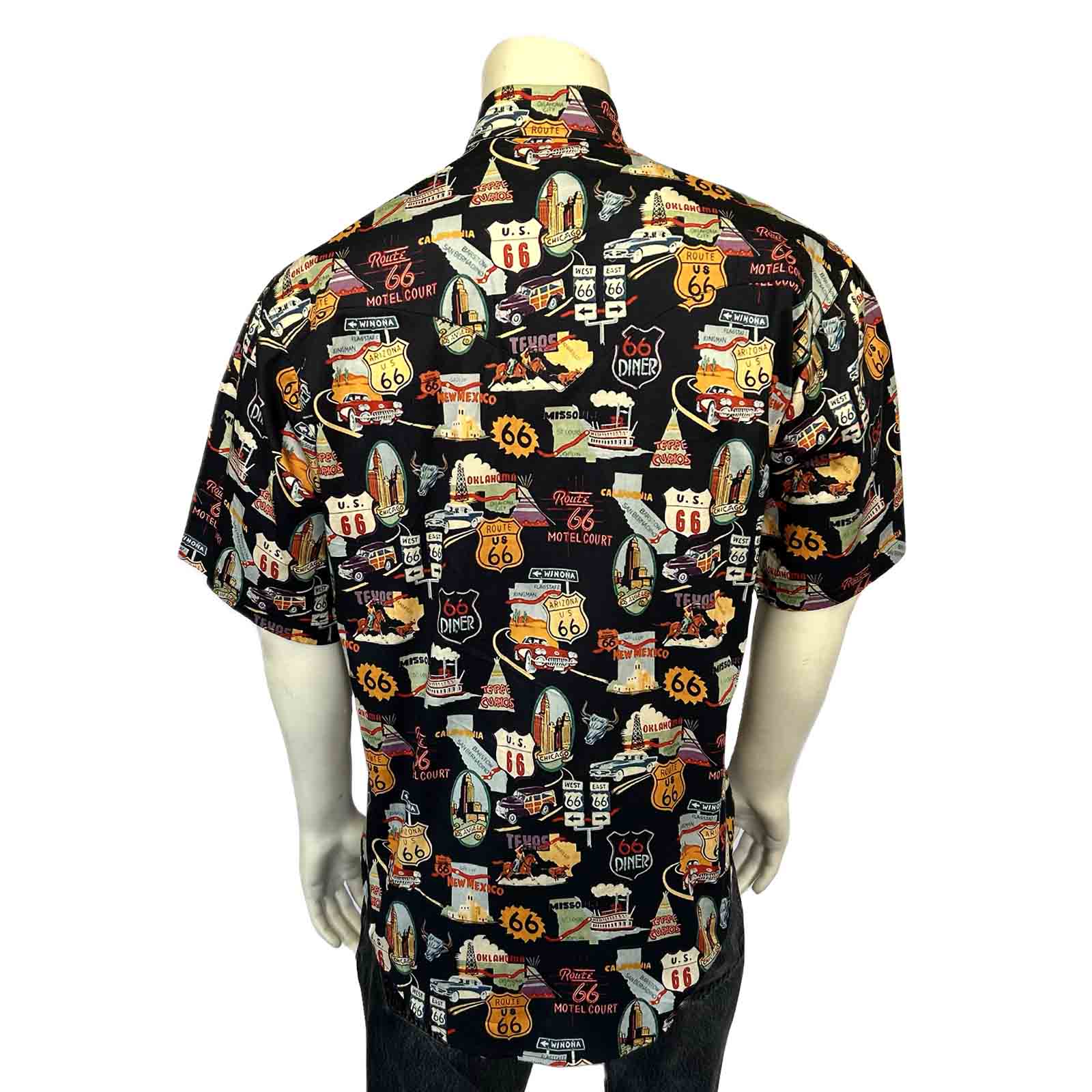 Men’s Route 66 Print Short Sleeve Western Shirt in Black - Rockmount