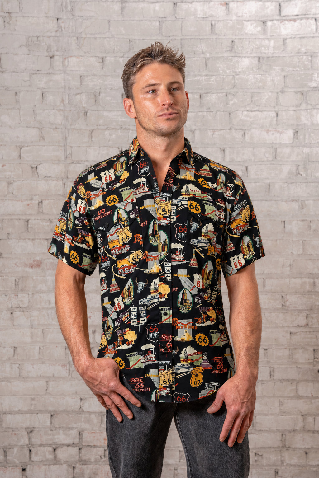 Men’s Route 66 Print Short Sleeve Western Shirt in Black