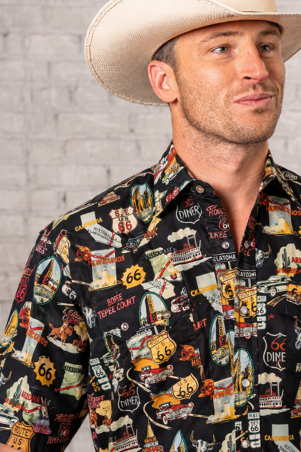 Men’s Route 66 Print Short Sleeve Western Shirt in Black