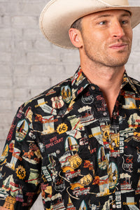 Men’s Route 66 Print Short Sleeve Western Shirt in Black