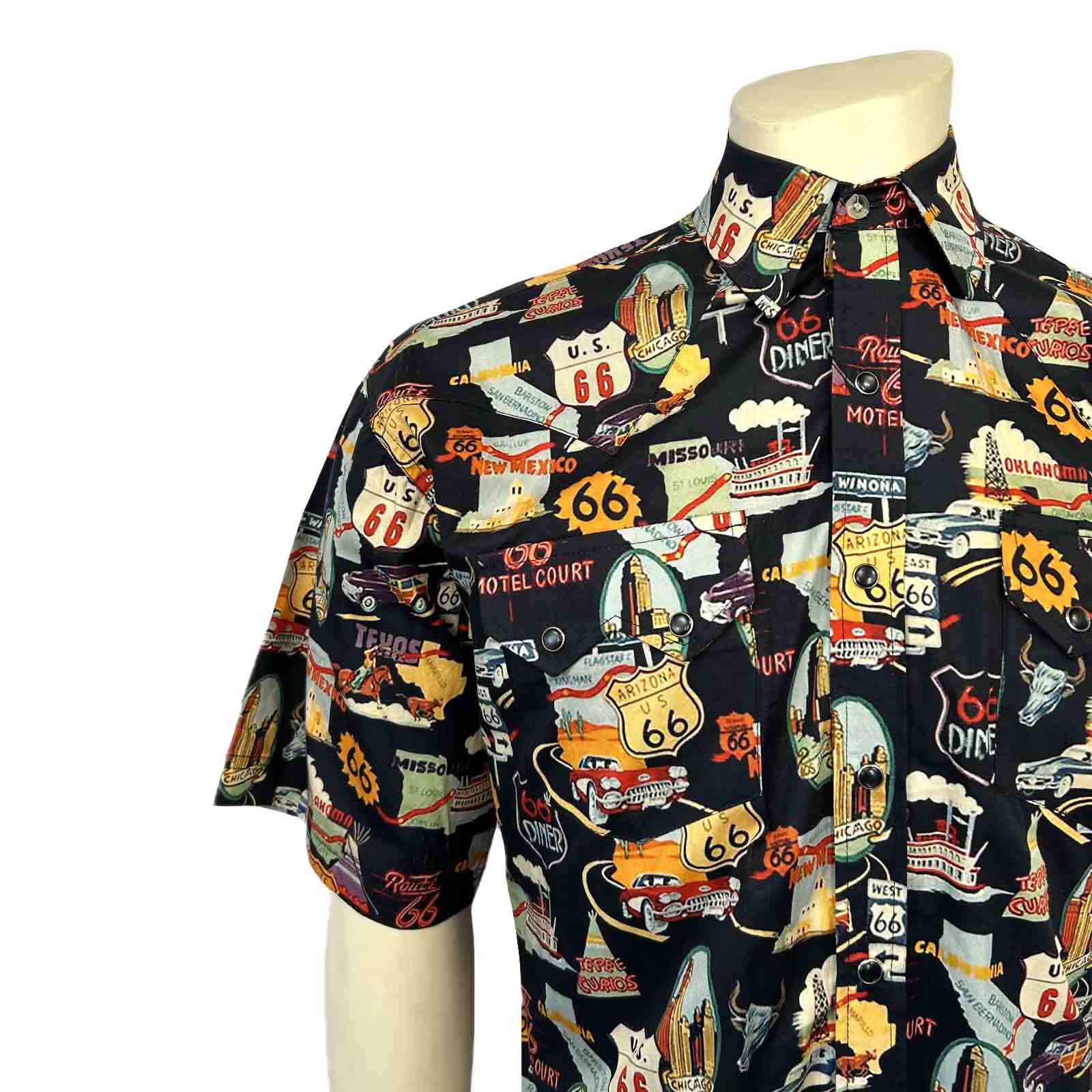 Men’s Route 66 Print Short Sleeve Western Shirt in Black - Rockmount