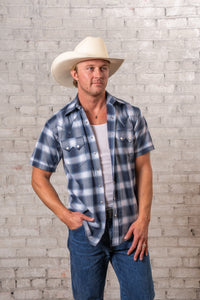 Men's Blue & White Shadow Plaid Short Sleeve Western Shirt