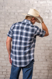 Men's Blue & White Shadow Plaid Short Sleeve Western Shirt