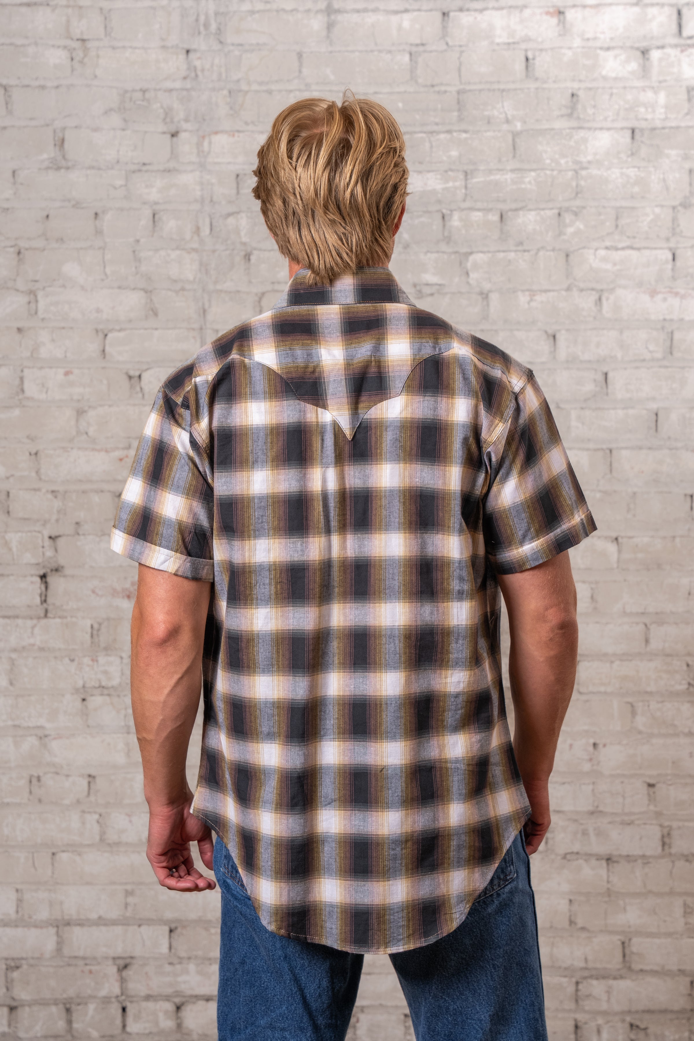 Men's Brown & White Shadow Plaid Short Sleeve Western Shirt