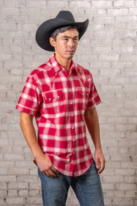 Men's Red & White Shadow Plaid Short Sleeve Western Shirt