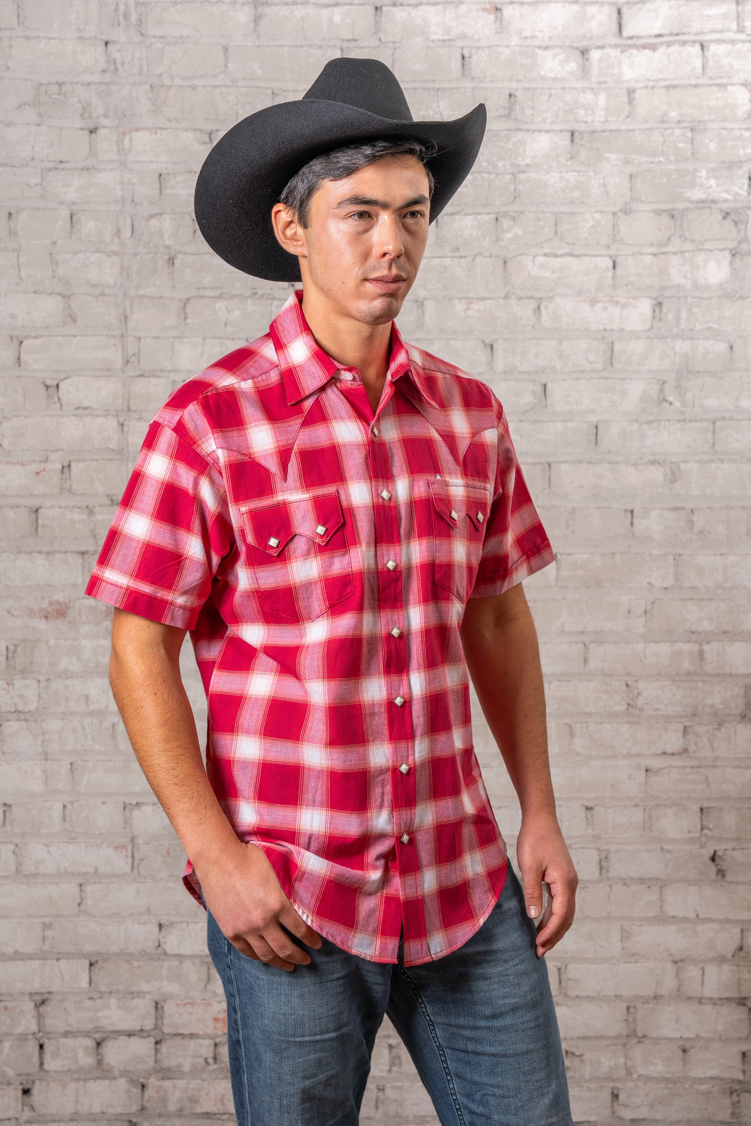 Men's Red & White Shadow Plaid Short Sleeve Western Shirt