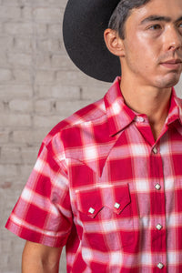Men's Red & White Shadow Plaid Short Sleeve Western Shirt