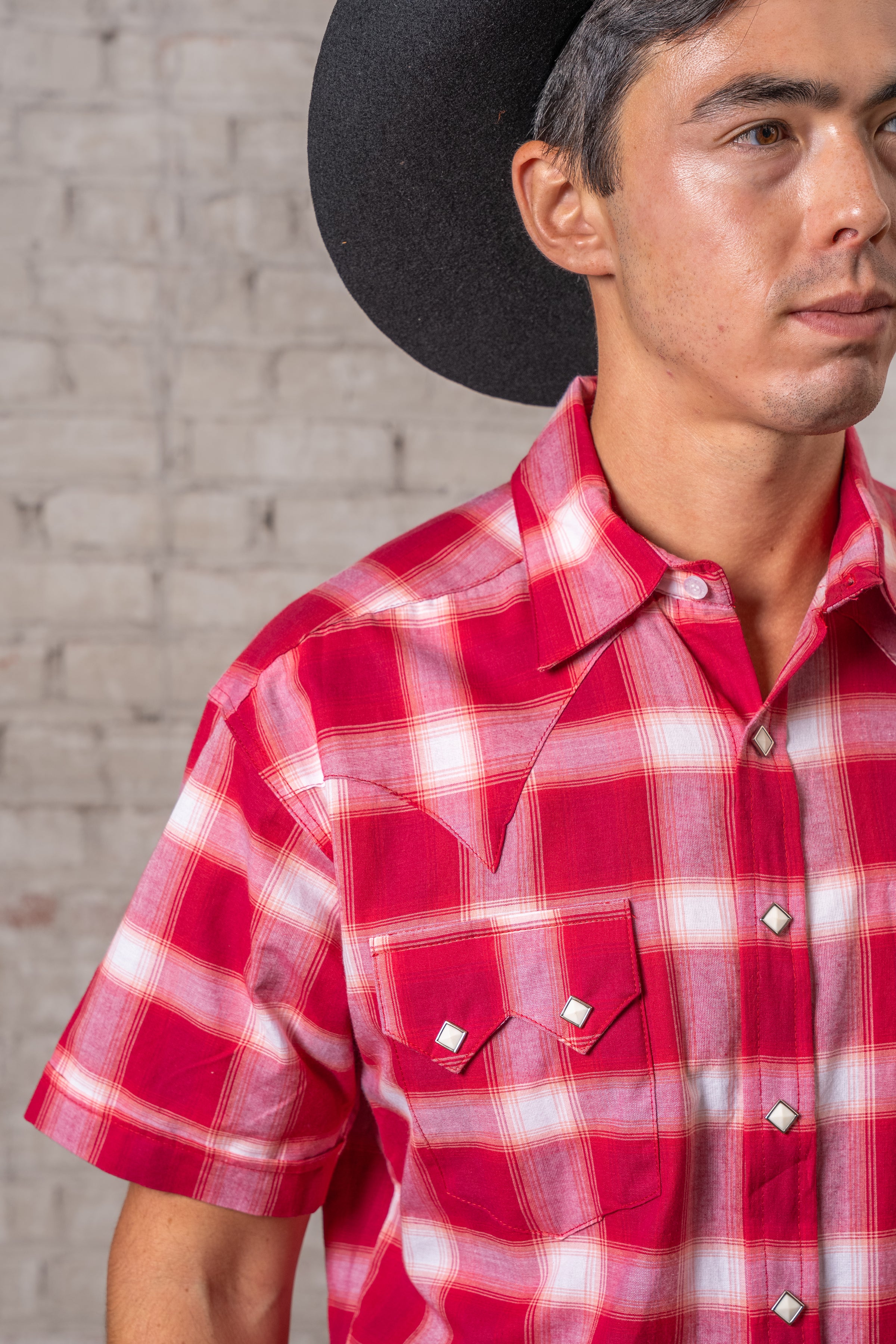 Men's Red & White Shadow Plaid Short Sleeve Western Shirt
