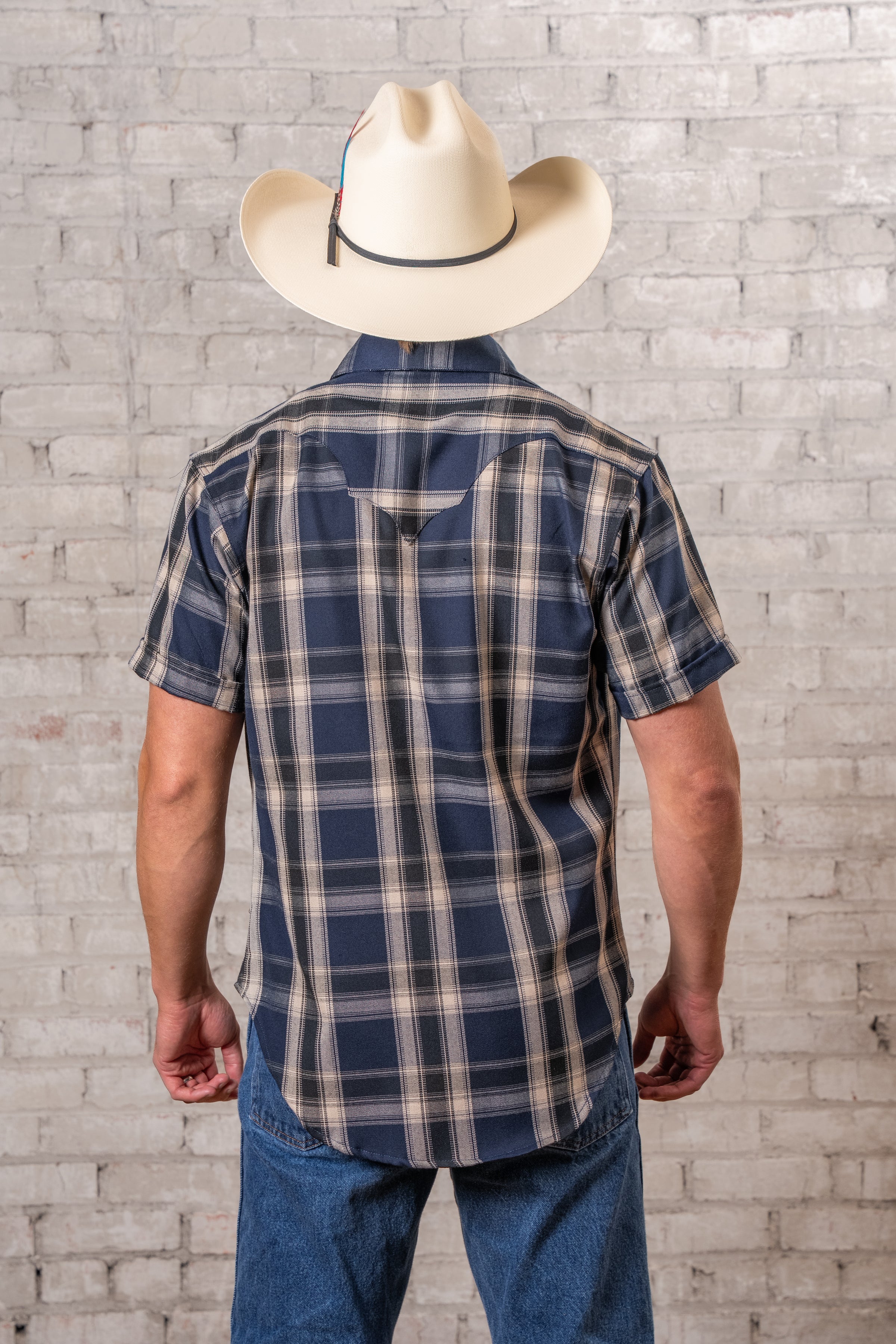 Men's Blue Short Sleeve Plaid Western Shirt
