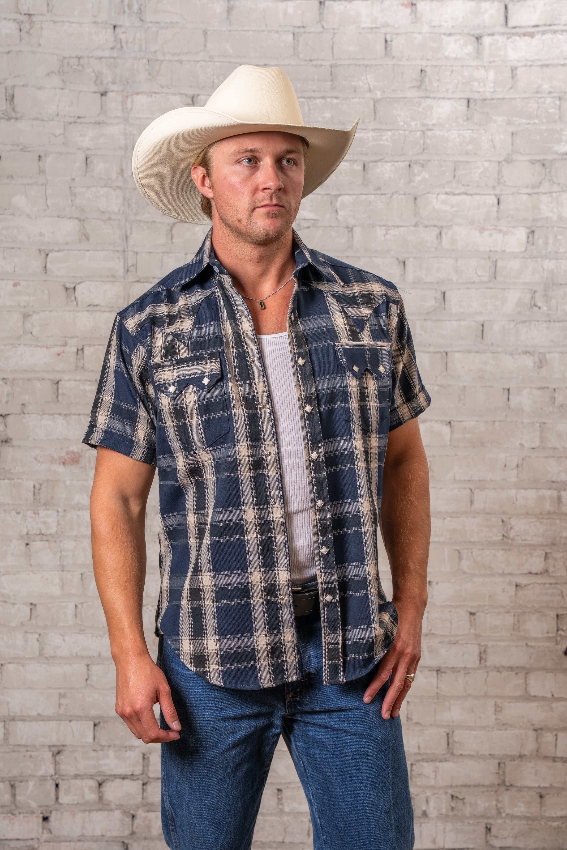 Men's Blue Short Sleeve Plaid Western Shirt