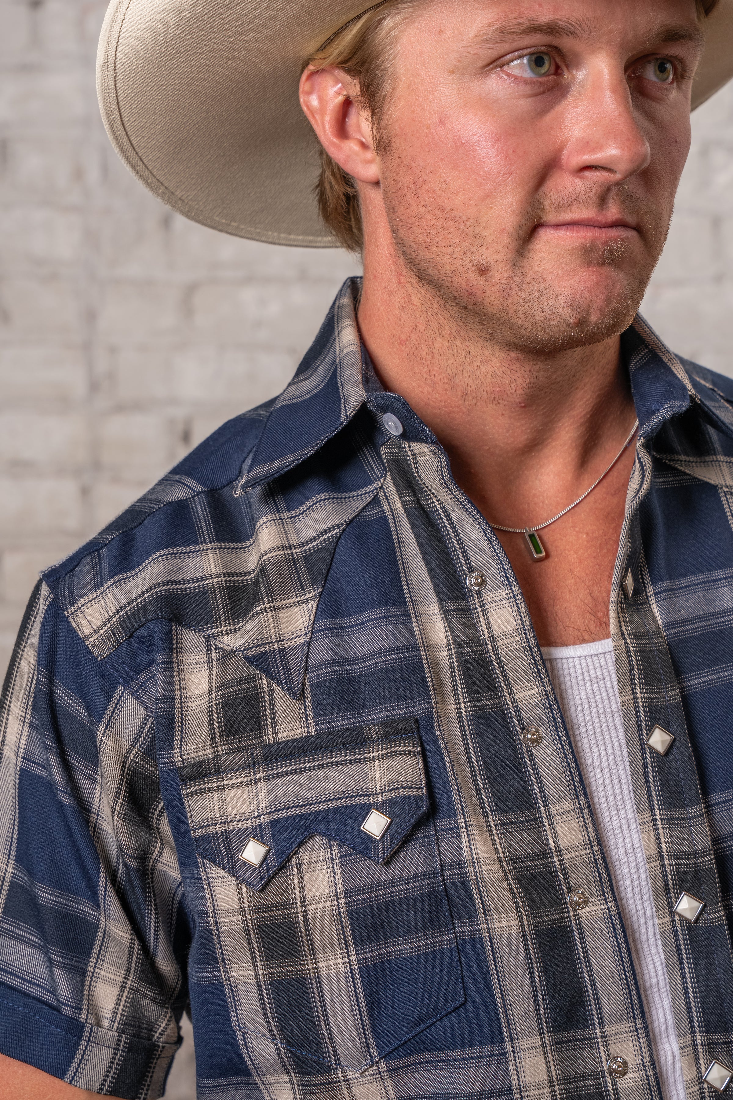 Men's Blue Short Sleeve Plaid Western Shirt