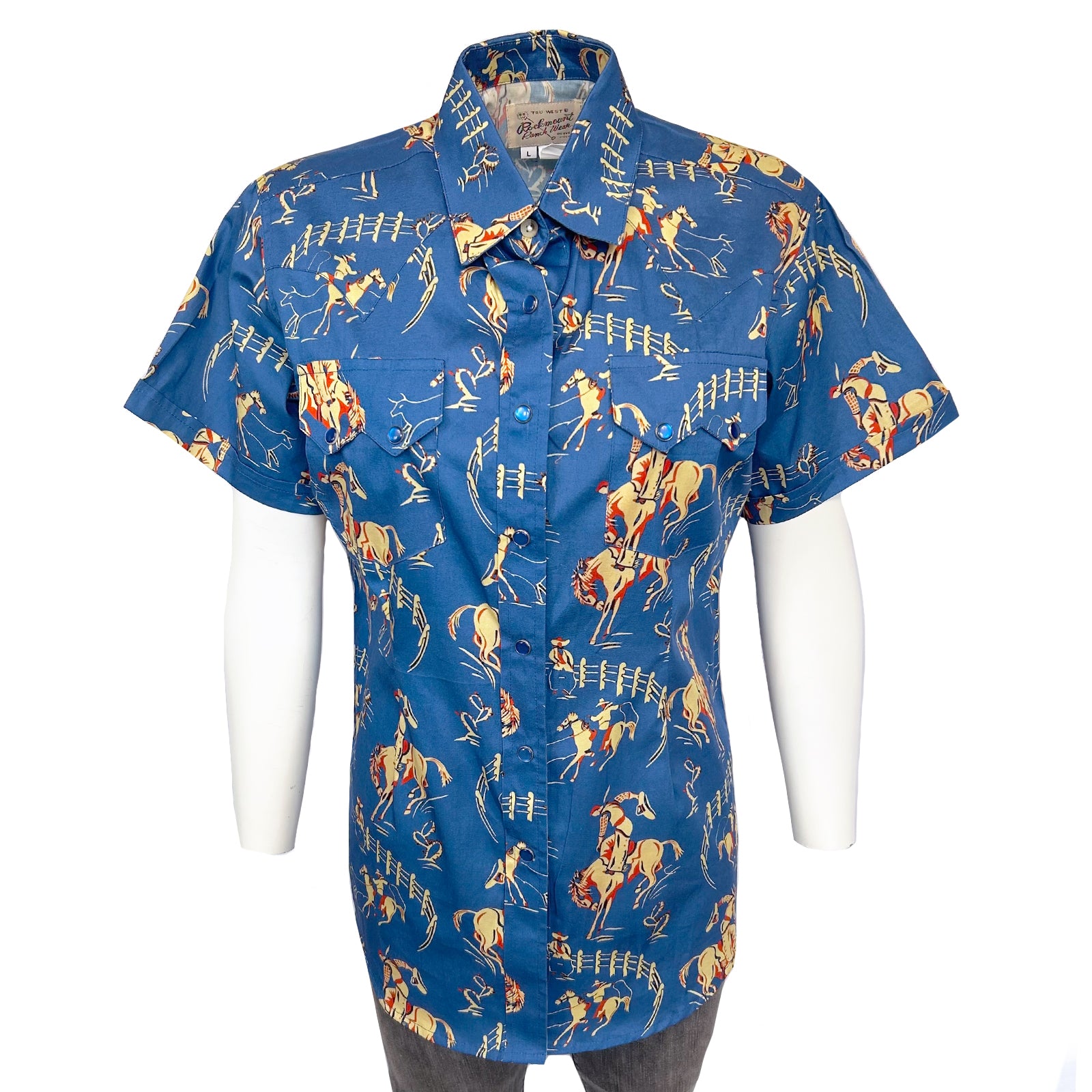 Men's Vintage Blue Bronc Print Short Sleeve Western Shirt