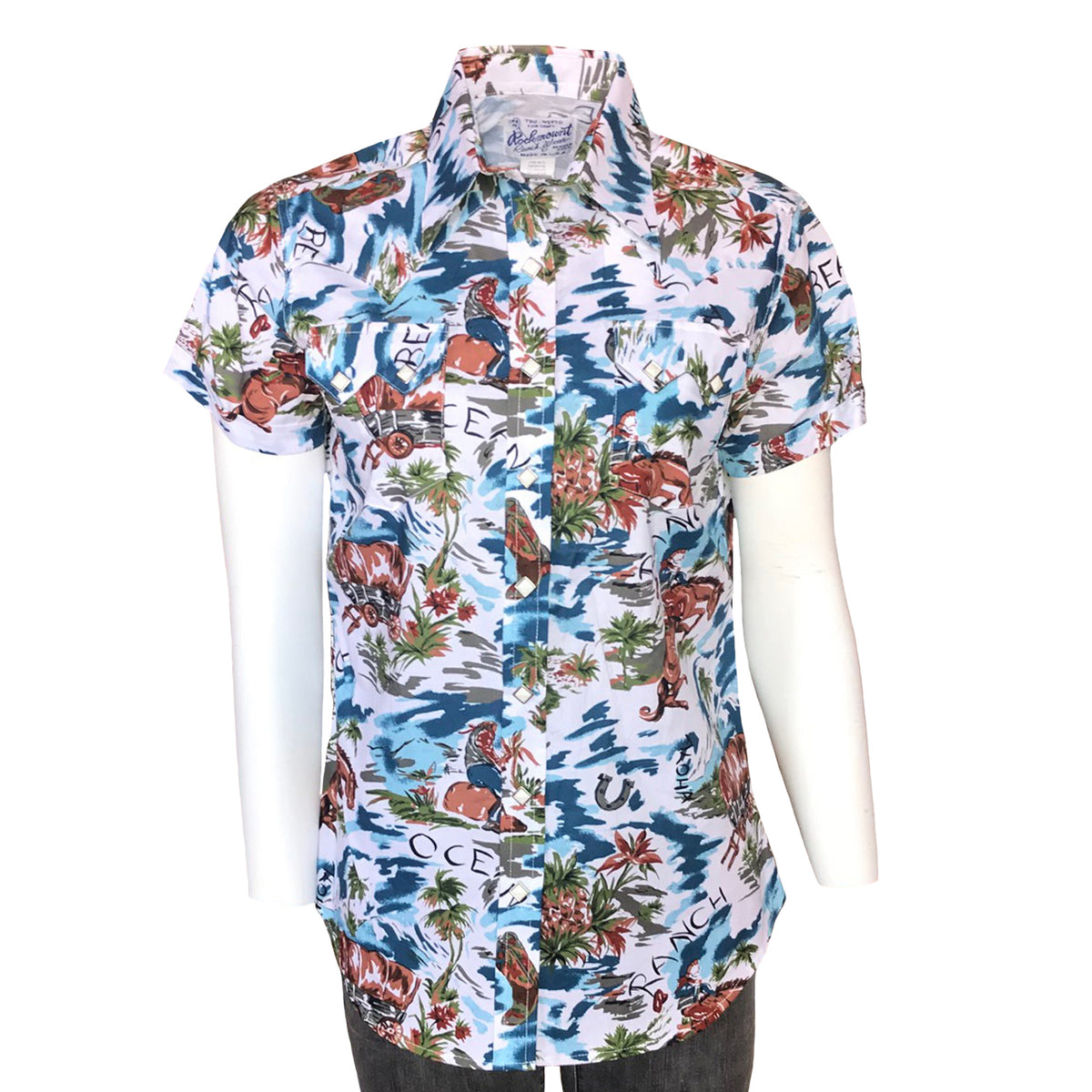 Women’s Blue Western Hawaiian Print Short Sleeve Shirt - Rockmount