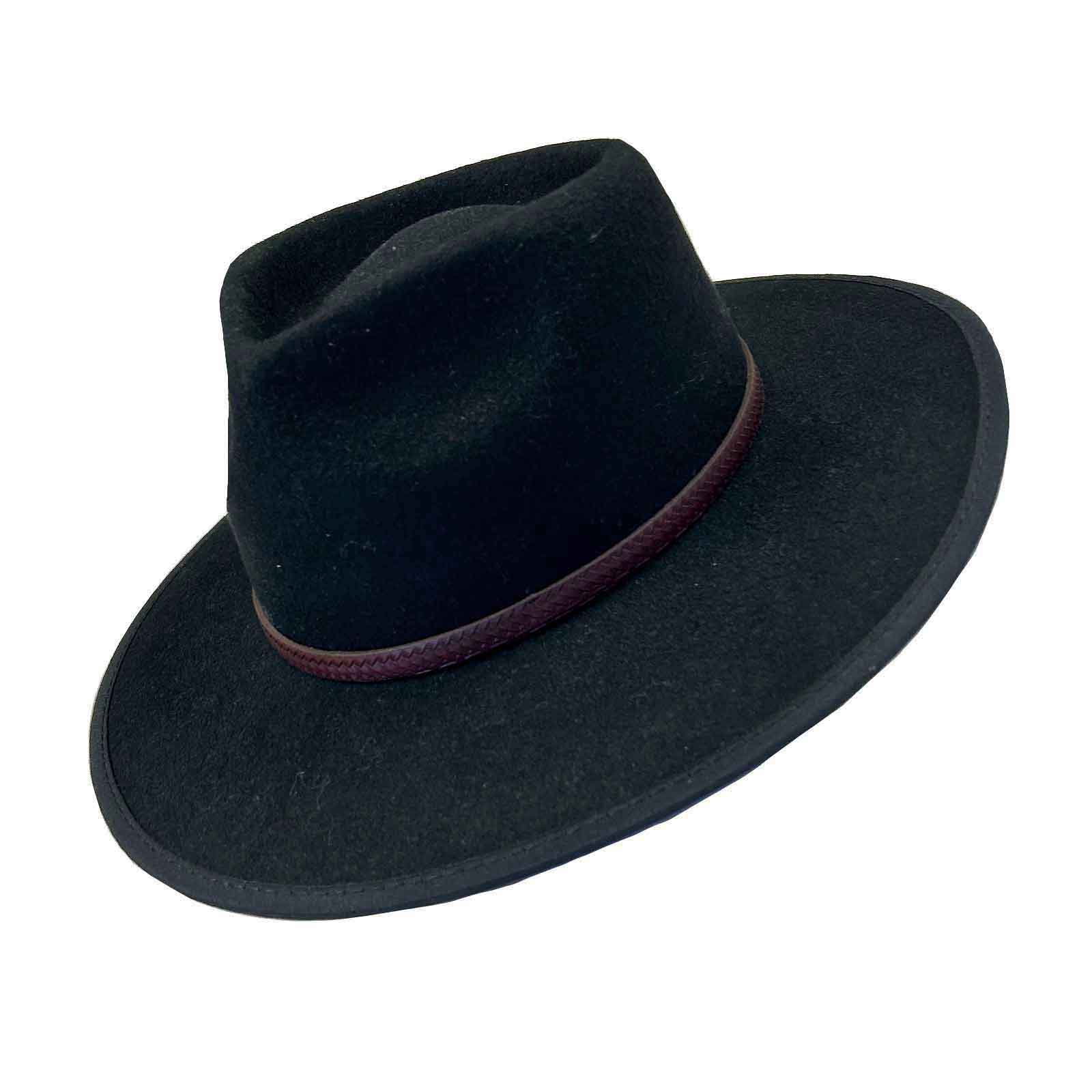 Black Wool Felt Flat Brim Western Hat with Faux Leather Band