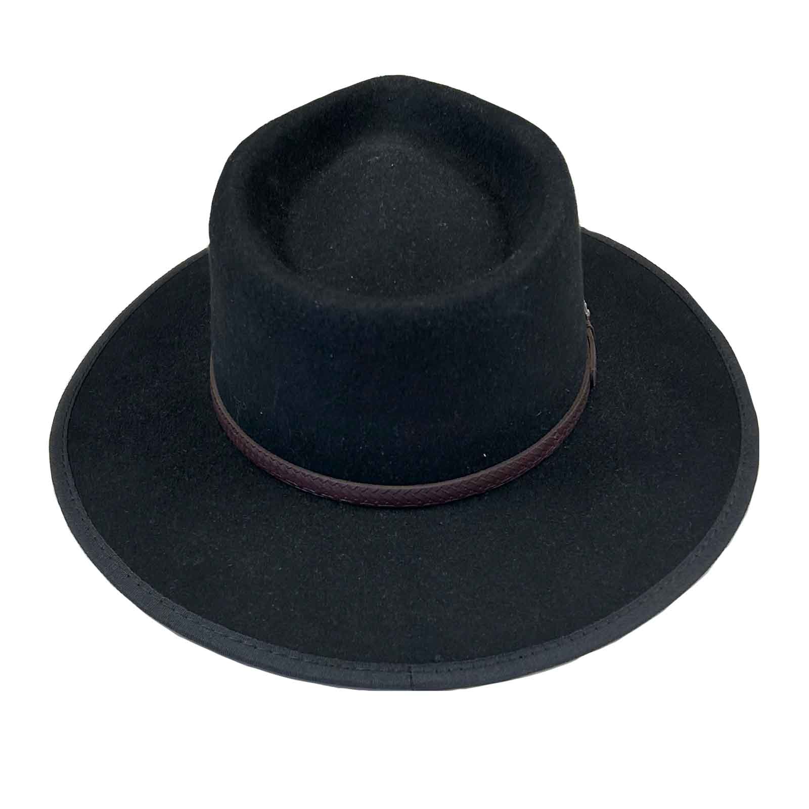 Black Wool Felt Flat Brim Western Hat with Faux Leather Band