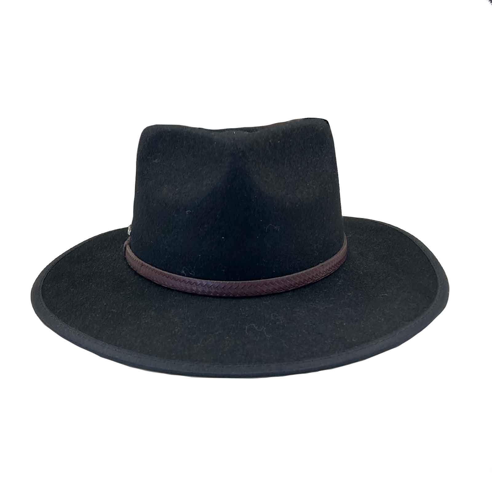 Black Wool Felt Flat Brim Western Hat with Faux Leather Band