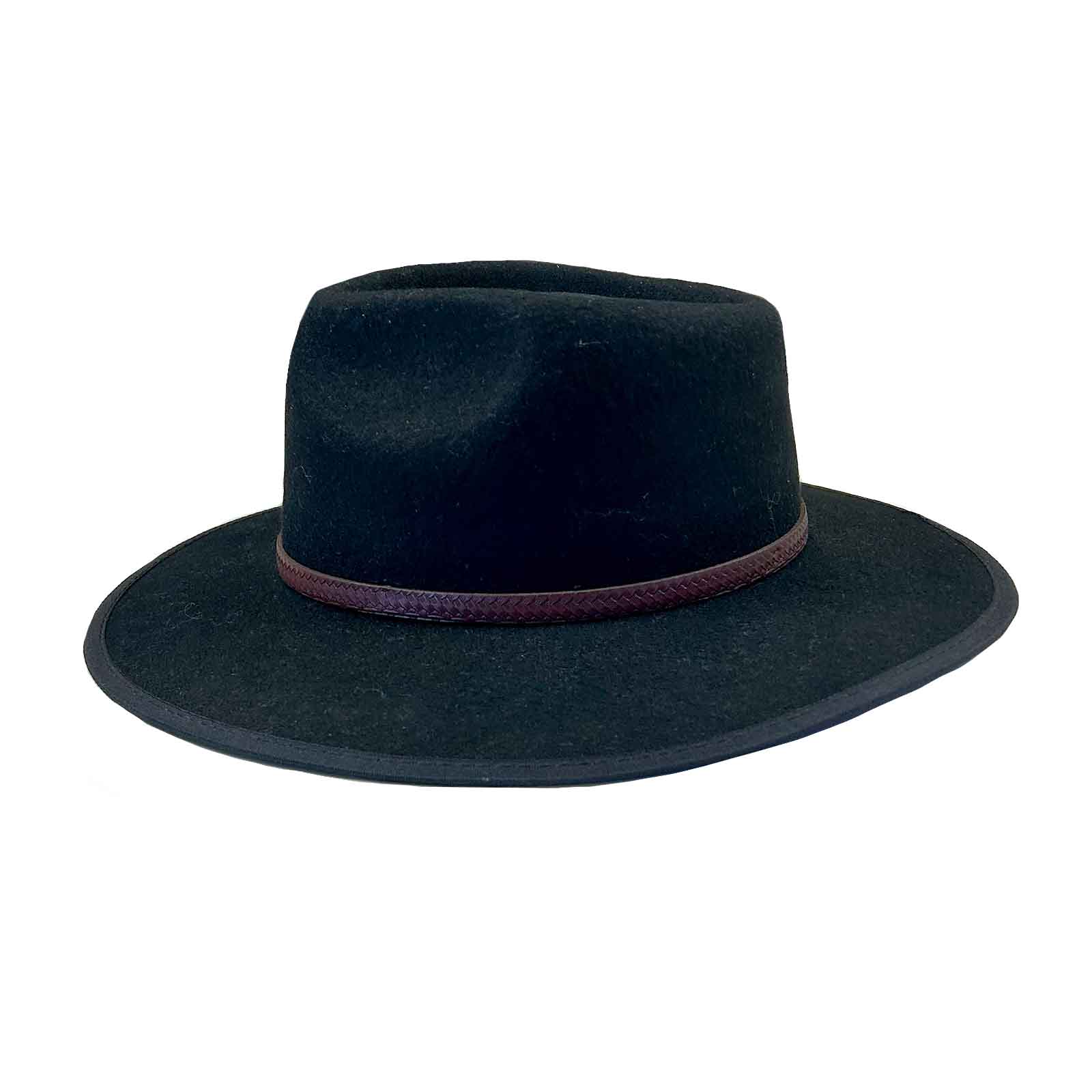 Black Wool Felt Flat Brim Western Hat with Faux Leather Band