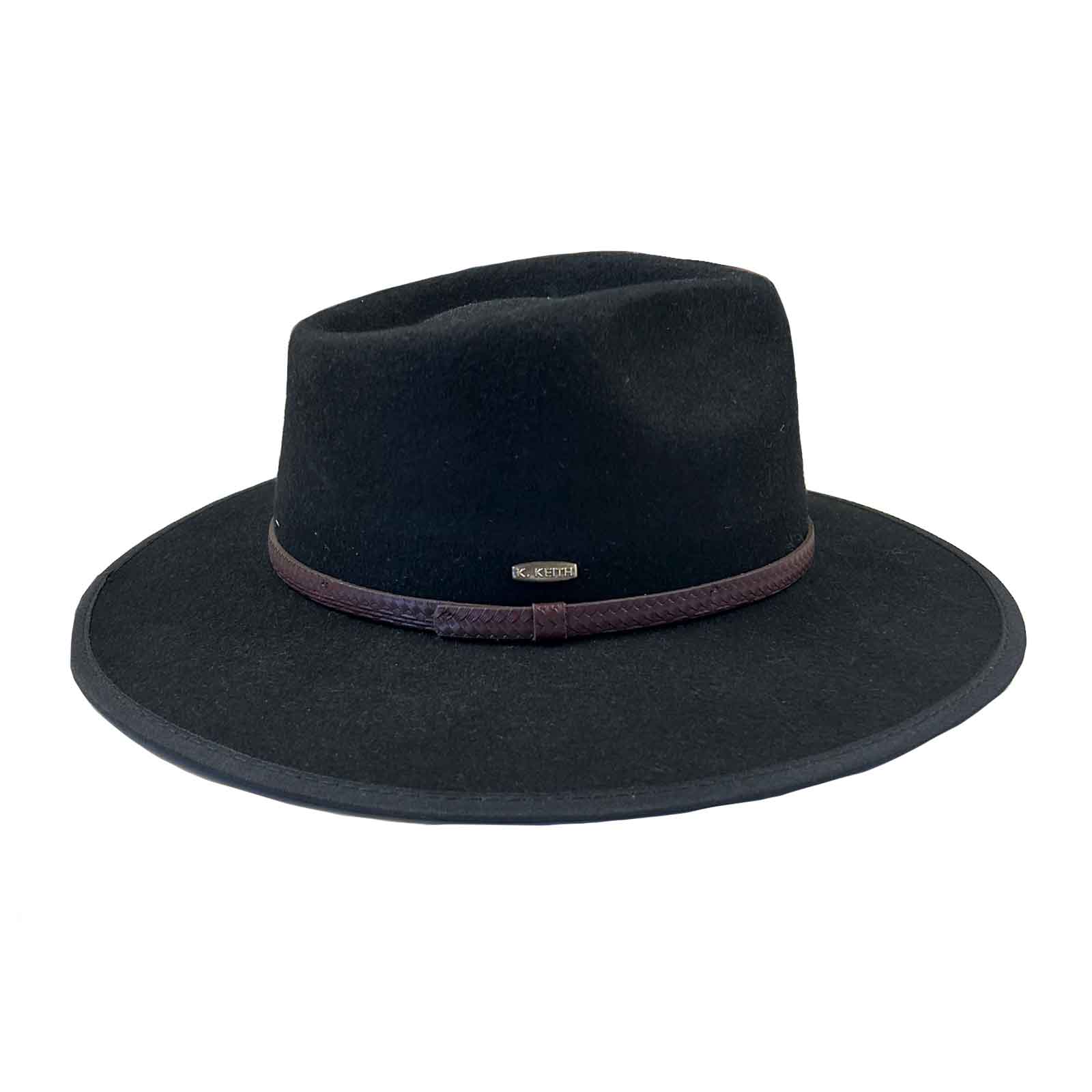 Black Wool Felt Flat Brim Western Hat with Faux Leather Band