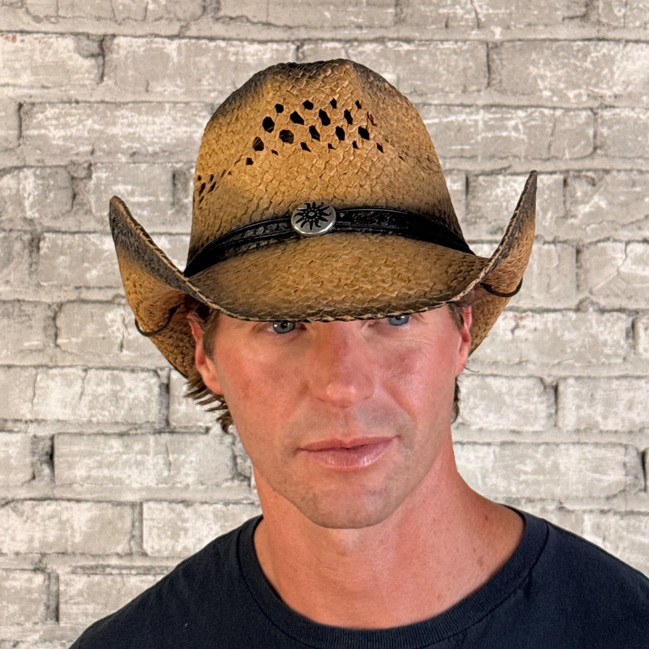 Raffia Straw 2-Tone Front Pinch Crease Western Hat