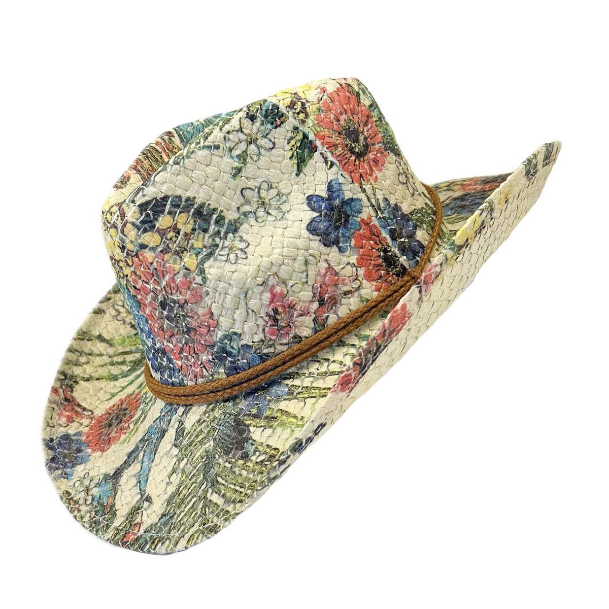 Floral Print Straw Western Hat with Chin Cord - Rockmount